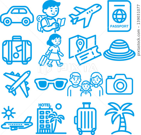 旅行圖示插圖集：觀光、旅行、家庭旅行、交通、住宿、線條藝術、設計、裝飾、材料。 139031077