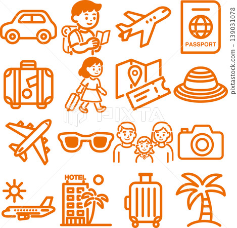 旅行圖示插圖集：觀光、旅行、家庭旅行、交通、住宿、線條藝術、設計、裝飾、材料。 139031078