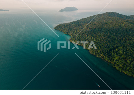 Top down aerial view of lush green tropical rainforest coastline meeting the deep turquoise ocean. Top down aerial view of lush green tropical rainforest coastline meeting the deep turquoise ocean. 139031111