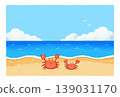 A midsummer scene: an illustration of the sea, cumulonimbus clouds, and crabs on the beach. 139031170