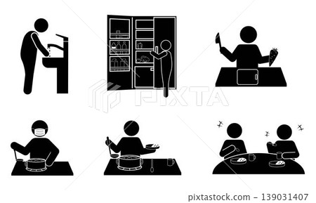 A set of pictogram illustrations showing cooking procedures and steps. A set of pictogram illustrations showing cooking procedures and steps. 139031407