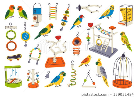 Pet birds clipart set, flat cartoon budgies, lovebirds, canaries, sun conures and macaws with perches, feeders, playgrounds, toys and water dispensers. Home bird care and pet shop vector illustration 139031484