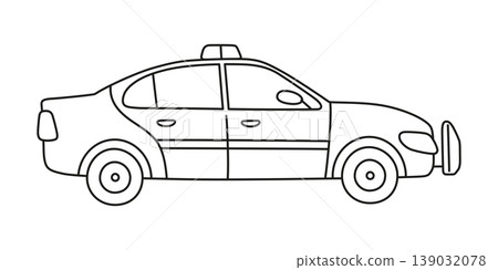 Cute police car icon, black and white outline vector illustration for kids coloring page. Emergency vehicle with siren and light bar, transport line art drawing, isolated clipart on white background Cute police car icon, black and white outline vector illustration for kids coloring page. Emergency vehicle with siren and light bar, transport line art drawing, isolated clipart on white background 139032078