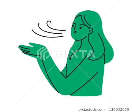 Letting go concept scene, monochrome flat cartoon girl blowing troubles off open palms. Acceptance and emotional release, mental health and mindfulness psychological practice vector illustration Letting go concept scene, monochrome flat cartoon girl blowing troubles off open palms. Acceptance and emotional release, mental health and mindfulness psychological practice vector illustration 139032079