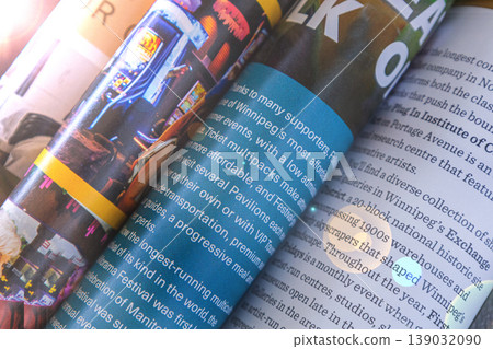 Newspaper headlines. Rolled colorful magazines close up stack Newspaper headlines. Rolled colorful magazines close up stack 139032090