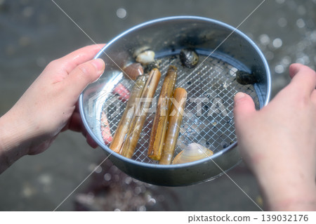 一位婦女在海灘上採集竹蟶。 139032176