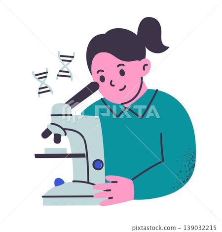 Young girl character looking through microscope, flat cartoon child scientist. Biology lesson and science hobby, kids laboratory vector illustration, isolated colored scene on white background Young girl character looking through microscope, flat cartoon child scientist. Biology lesson and science hobby, kids laboratory vector illustration, isolated colored scene on white background 139032215