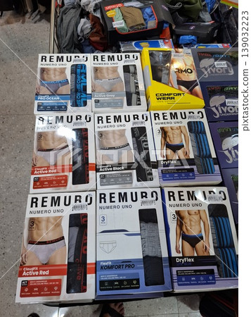 Yogyakarta, Indonesia - March 18th 2026: Retail display of packaged men's underwear, featuring various brands like Remuro and Jivory. Yogyakarta, Indonesia - March 18th 2026: Retail display of packaged men's underwear, featuring various brands like Remuro and Jivory. 139032223