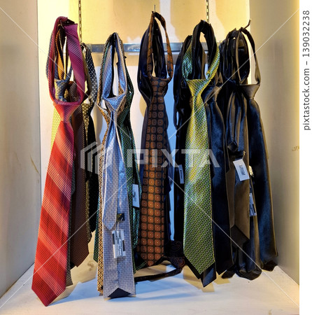 Yogyakarta, Indonesia - March 18th 2026: Collection of stylish men's neckties showcasing various colors, patterns, and designs Yogyakarta, Indonesia - March 18th 2026: Collection of stylish men's neckties showcasing various colors, patterns, and designs 139032238