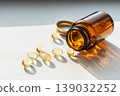 Glass dark bottle spilling vitamin pills, symbolizing daily health and wellness supplements, enhancing personal healthcare. Pills spilling from bottle for health treatments 139032252