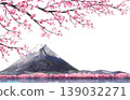 Watercolor Mount Fuji with blooming sakura tree branch and Lake Kawaguchi water reflection. Hand drawn cherry blossom Japan Landscape illustration on isolated white background for travel post card. 139032271