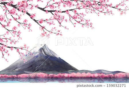 Watercolor Mount Fuji with blooming sakura tree branch and Lake Kawaguchi water reflection. Hand drawn cherry blossom Japan Landscape illustration on isolated white background for travel post card. Watercolor Mount Fuji with blooming sakura tree branch and Lake Kawaguchi water reflection. Hand drawn cherry blossom Japan Landscape illustration on isolated white background for travel post card. 139032271