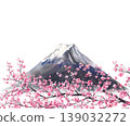 Mount Fuji and Blooming sakura tree branch. Japan Landmark with pink cherry blossom flowers and Mountain Fujiyama. Watercolor hand drawn illustration. Spring Landscape on isolated white background. 139032272