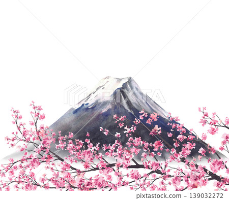 Mount Fuji and Blooming sakura tree branch. Japan Landmark with pink cherry blossom flowers and Mountain Fujiyama. Watercolor hand drawn illustration. Spring Landscape on isolated white background. Mount Fuji and Blooming sakura tree branch. Japan Landmark with pink cherry blossom flowers and Mountain Fujiyama. Watercolor hand drawn illustration. Spring Landscape on isolated white background. 139032272