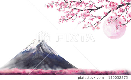 Watercolor Mount Fuji landscape with cherry blossom branch and pink moon or sun in the sky. Hand drawn Japan spring blooming sakura tree illustration on isolated white background for travel post card. Watercolor Mount Fuji landscape with cherry blossom branch and pink moon or sun in the sky. Hand drawn Japan spring blooming sakura tree illustration on isolated white background for travel post card. 139032273