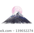 Watercolor Mount Fuji with moon or sun. Japan traditional landmark hand drawn illustration. Mountain Fujiyama realistic landscape with pink celestial body. Isolated from background for travel card. 139032274