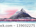 Watercolor Mount Fuji with sunset or sunrise sky, cherry blossom sakura trees and water. Hand drawn Japan Landscape illustration for Fujisan Yoshida Fire, Hanami Festival, Landmark travel card print. 139032275