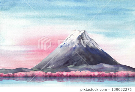 Watercolor Mount Fuji with sunset or sunrise sky, cherry blossom sakura trees and water. Hand drawn Japan Landscape illustration for Fujisan Yoshida Fire, Hanami Festival, Landmark travel card print. Watercolor Mount Fuji with sunset or sunrise sky, cherry blossom sakura trees and water. Hand drawn Japan Landscape illustration for Fujisan Yoshida Fire, Hanami Festival, Landmark travel card print. 139032275
