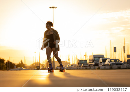Young woman roller skating on urban pavement at sunset 139032317