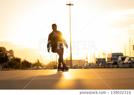 Person roller skating outdoors during golden hour sunset 139032318