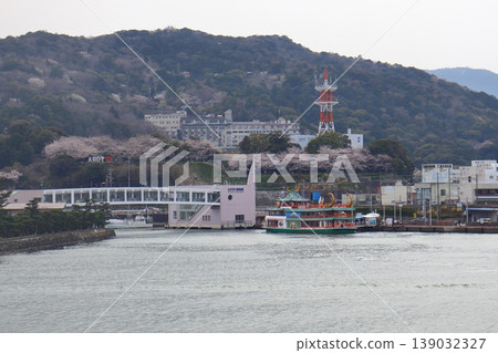A view of Shiroyama Park, a sightseeing boat, and Pearl Bridge with cherry blossoms in full bloom, as seen from Toba Bay (Toba City, Mie Prefecture). 139032327
