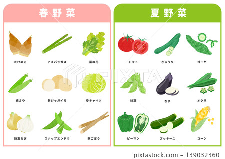 一組描繪各種春夏季蔬菜的插圖。 一組描繪各種春夏季蔬菜的插圖。 139032360