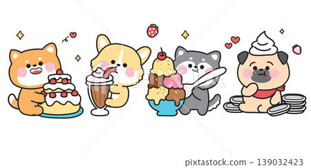 Set of cute kawaii dogs eating desserts vector illustration. Shiba inu, Set of cute kawaii dogs eating desserts vector illustration. Shiba inu, 139032423