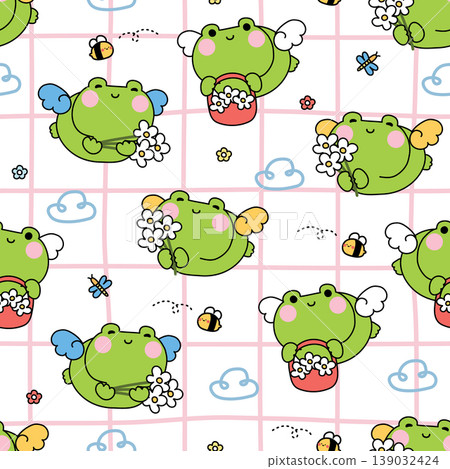 Seamless pattern of cute frog angel with hold flower to fly background.Animal reptile Seamless pattern of cute frog angel with hold flower to fly background.Animal reptile 139032424