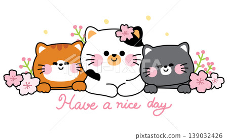 Cute cat mom and baby kitten with sakura flower decorated.Love 139032426