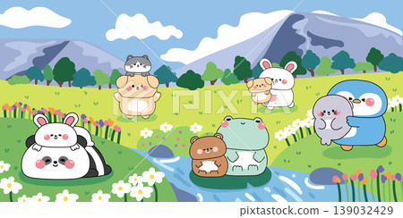 Cute animals and baby do different activities in the forest open space grass background.Panda Cute animals and baby do different activities in the forest open space grass background.Panda 139032429