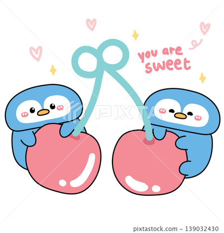 Cute penguins stay on cherry with heart and you are sweet text.Bird animal 139032430