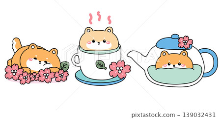Set of cute shiba inu dog afternoon tea party.A cup of green tea matcha 139032431