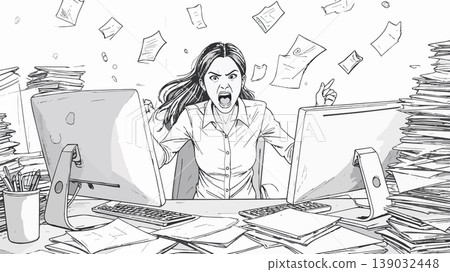 Woman screaming feeling overwhelmed by chaotic office workload 139032448
