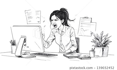 Woman experiencing work stress and screen frustration Woman experiencing work stress and screen frustration 139032452