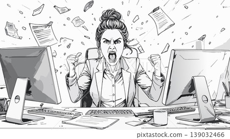 Stressed businesswoman screaming from office work burnout Stressed businesswoman screaming from office work burnout 139032466