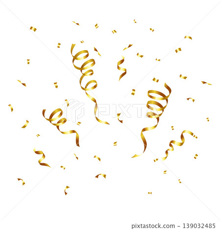 Realistic gold confetti and twisted ribbon elements. Shiny serpentine and gold foil on white background. Festive carnival decoration. Happy birthday and anniversary celebration vector illustration Realistic gold confetti and twisted ribbon elements. Shiny serpentine and gold foil on white background. Festive carnival decoration. Happy birthday and anniversary celebration vector illustration 139032485