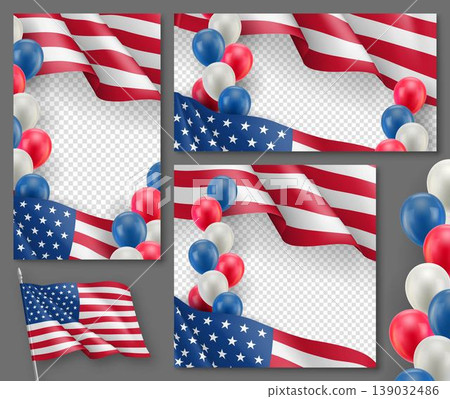 American patriotic festive posters set. Realistic waving american flag and colorful air balloons on transparent background. Independence and freedom vector layouts. USA national celebration concepts American patriotic festive posters set. Realistic waving american flag and colorful air balloons on transparent background. Independence and freedom vector layouts. USA national celebration concepts 139032486