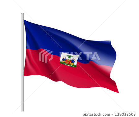 Waving flag of Haiti. Illustration of North America country flag on flagpole. 3d vector icon isolated on white background 139032502