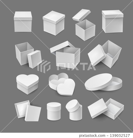 Various cardboard boxes packaging set. White containers in square, round and love heart shapes. Realistic plastic boxes isolated on gray background. Blank case vector illustration. Various cardboard boxes packaging set. White containers in square, round and love heart shapes. Realistic plastic boxes isolated on gray background. Blank case vector illustration. 139032527