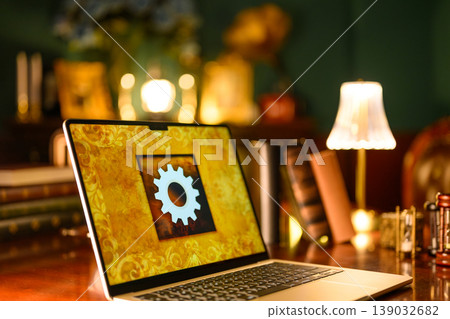 筆記型電腦螢幕上顯示帶有齒輪圖示的設定介面。 筆記型電腦螢幕上顯示帶有齒輪圖示的設定介面。 139032682
