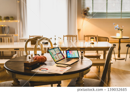 A scene of working from home in a brightly lit space. 139032685