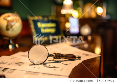 Magnifying glass and documents on the detective's desk Magnifying glass and documents on the detective's desk 139032695