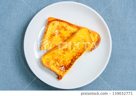 A close-up of honey-covered French toast, presented on a white plate, resembling a breakfast image. 139032771