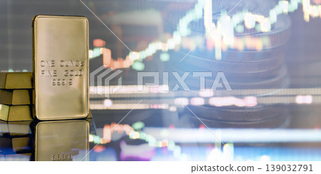 one ounce gold bullion bar on a reflective surface with blurred coin stacks and a glowing candlestick market chart in the background, representing gold investment, wealth protection, commodity one ounce gold bullion bar on a reflective surface with blurred coin stacks and a glowing candlestick market chart in the background, representing gold investment, wealth protection, commodity 139032791