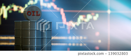 Oil market crash web banner: miniature barrels against a falling stock market chart. Global energy crisis and crude price drop concept. Oil market crash web banner: miniature barrels against a falling stock market chart. Global energy crisis and crude price drop concept. 139032803