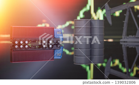 Global energy logistics concept: miniature freight truck, oil barrels, and rising stock market chart. Supply chain and fuel costs. 139032806