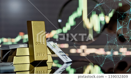 Gold bars and US dollar stacks with a financial trading chart and digital network overlay. Concept of fintech, inflation, and investment strategy. Gold bars and US dollar stacks with a financial trading chart and digital network overlay. Concept of fintech, inflation, and investment strategy. 139032809