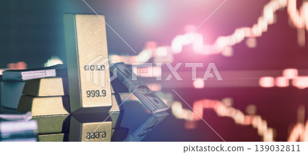 Gold bars and US dollars against a blurred falling red financial chart. Concept of economic crisis, market crash, and safe-haven assets. Gold bars and US dollars against a blurred falling red financial chart. Concept of economic crisis, market crash, and safe-haven assets. 139032811