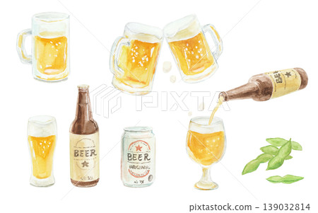 一組用水彩繪製的簡單啤酒插圖。 139032814