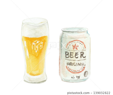 A simple watercolor illustration of a beer glass and can. A simple watercolor illustration of a beer glass and can. 139032822